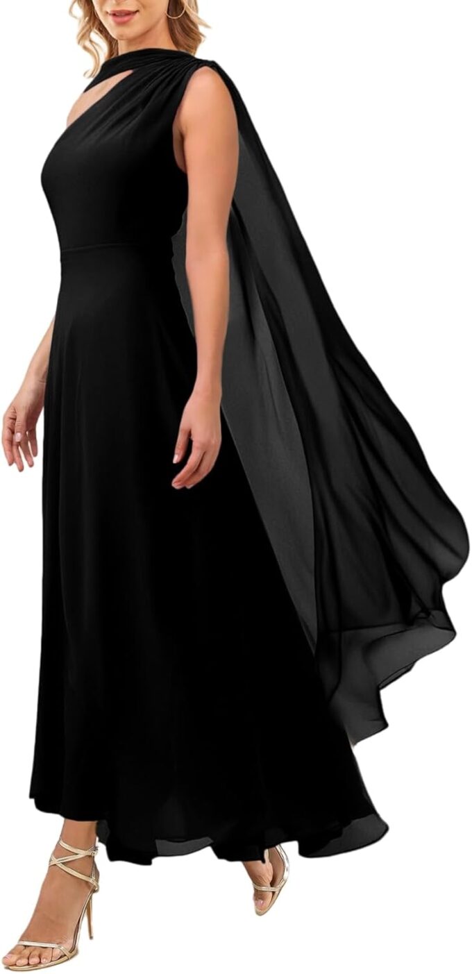 Aisbei Women's Elegant One Shoulder A Line Flowy Maxi Dress Evening Gowns Party Formal Wedding Guest Dresses with Cape – Bild 5