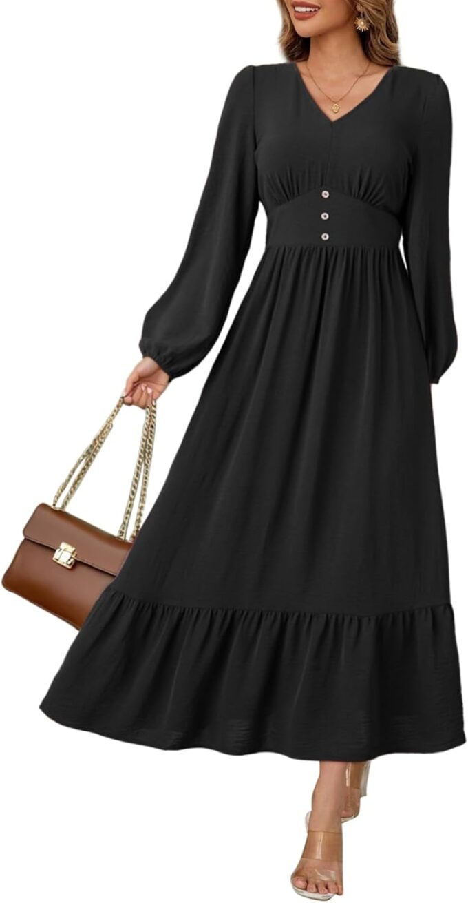 Dokotoo Womens Dresses Fashion 2025 Long Sleeve V Neck Maxi Dresses Elegant Casual Flowy Tiered Boho Beach Vacation Outifits – Bild 3
