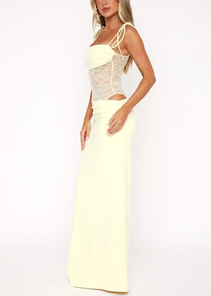 Women's Lace Splicing Cutout Maxi Dress Square Neck Sleeveless Bodycon Long Dress with Sheer Corset – Bild 2