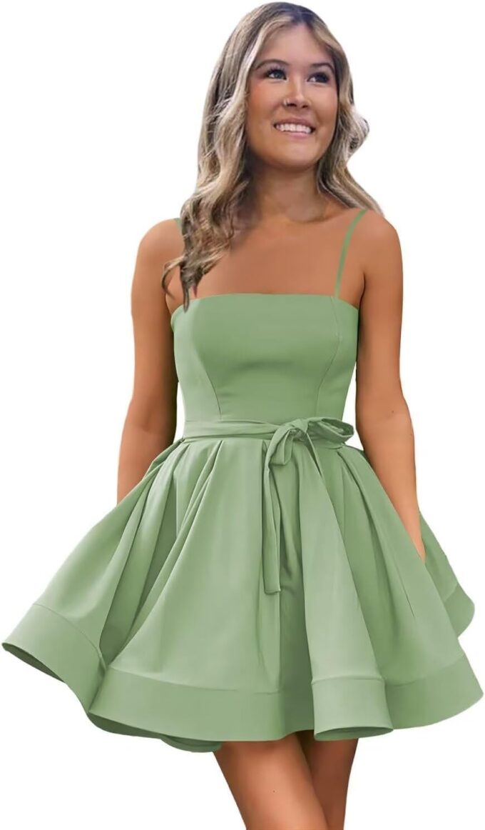 Spaghetti Straps Homecoming Dresses 2025 Short Satin Cocktail Dress A Line Mini Puffy Prom Gown with Pockets