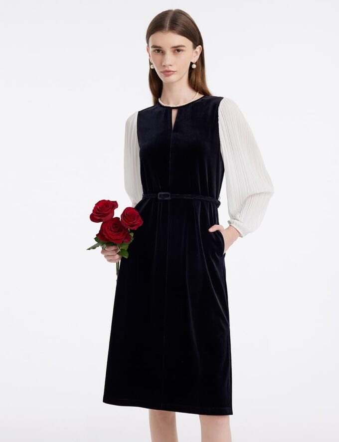 GOELIA Damen-Samtkleid, plissiert, langärmelig, mit Gürtel, enganliegend, schwarz, Minikleid, Arbeit, Abendessen, Business – Bild 2