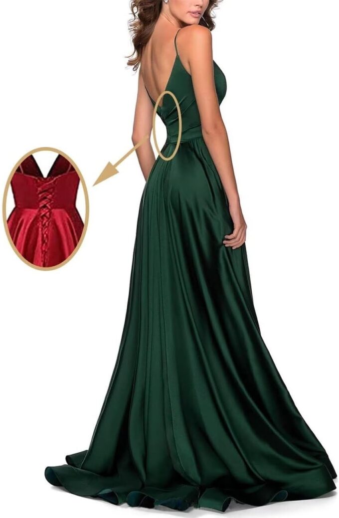 Women's Spaghetti Strap Satin Prom Dresses with Slit Long Ball Gown Sleeveless V-Neck Formal Evening Dresses – Bild 2