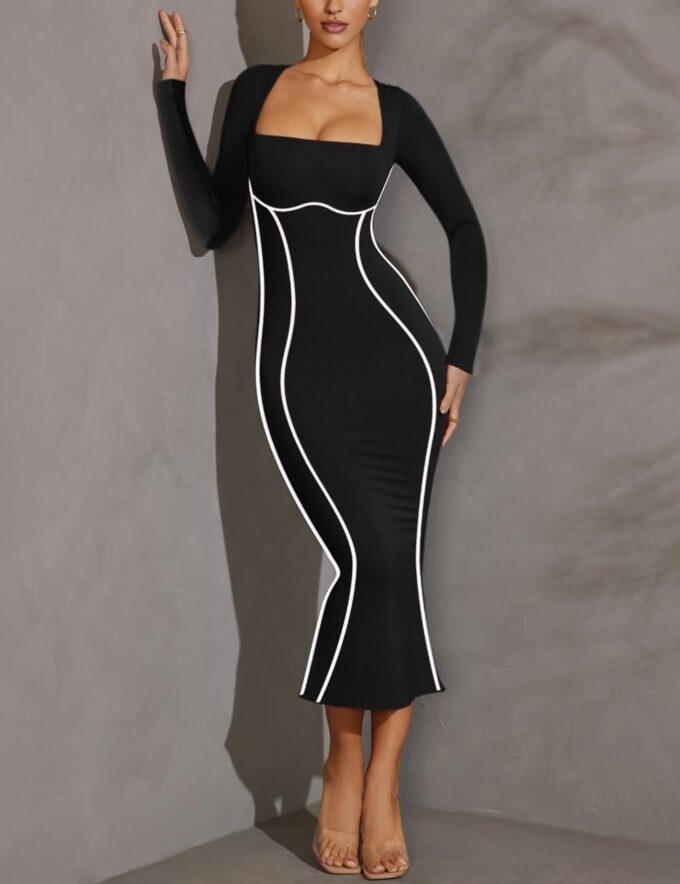 MAYFASEY Women's Square Neck Long Sleeve Dress Contrast Binding Cocktail Party Club Long Dress Back Slit Maxi Dress – Bild 5