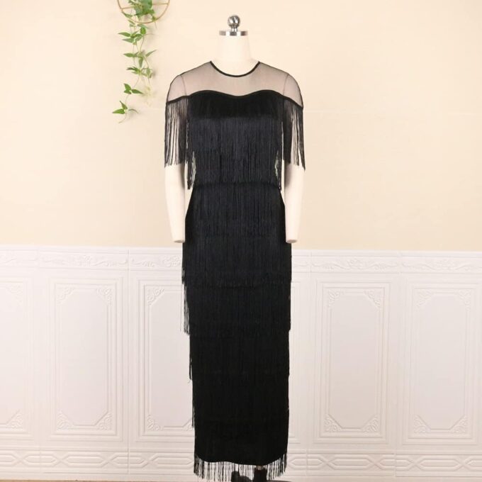 AOMEI Women's Mesh See Through Crewneck Patchwork Tassel Tiered Fringe Long Dress – Bild 3