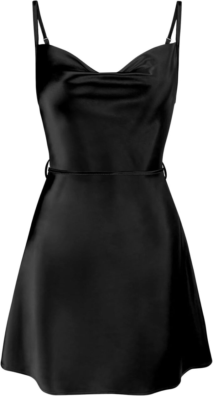 Women's Satin Mini Dress Spaghetti Strap Sleeveless Cowl Neck Tie Waist Silky Cocktail Party Short Dresses – Bild 2