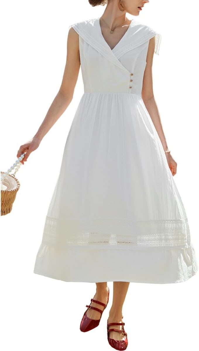 Women's White Cotton Boho Embroidered Eyelet Midi Dress, Sailor Collar Sleeveless Summer Casual Beach Vacation Dress