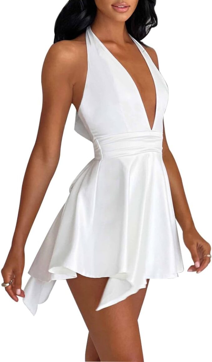 LuFeng Women's Sexy Sleeveless Halter Deep V Neck Backless Tie Back Waist Flowy Drape Satin Cocktail Mini Dress – Bild 4
