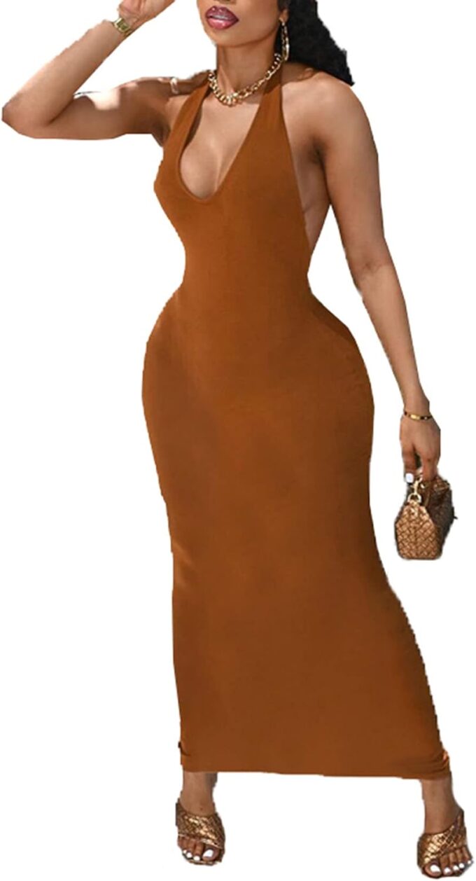 Womens Sexy Bodycon Maxi Dress Halter Deep V Neck Sleeveless Backless Summer Beach Party Clubwear
