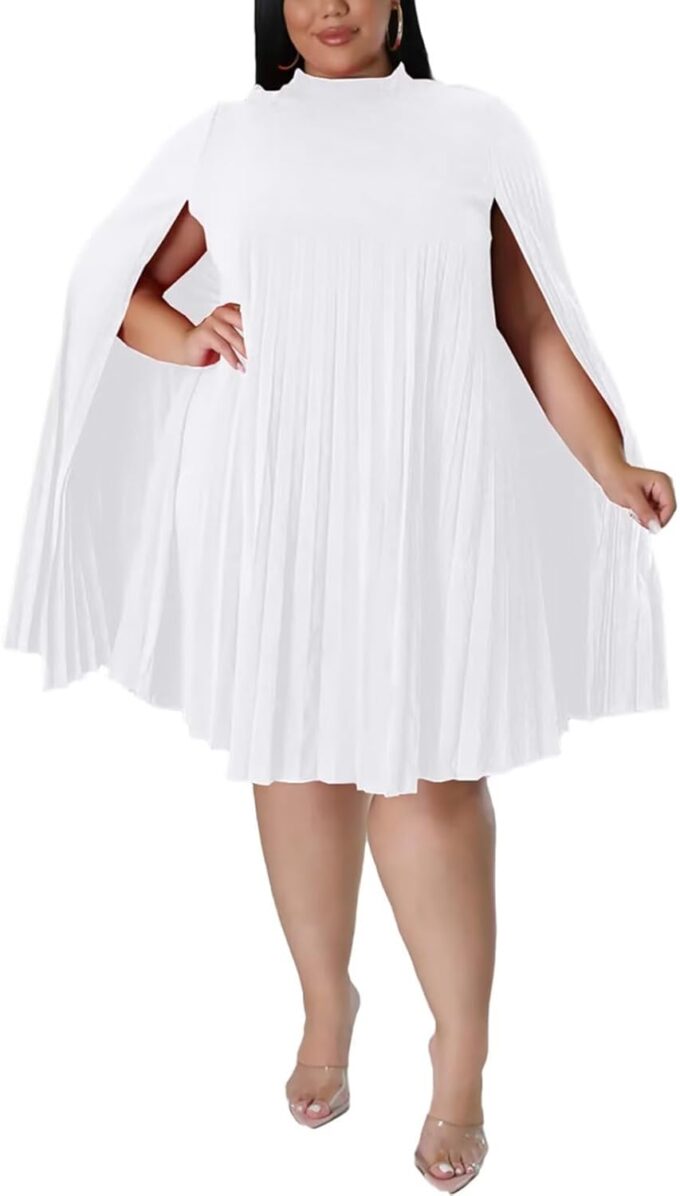 KEYUFANG Women’s Plus Size Cape Sleeve Elegant Loose Pleated Short Dress for Cocktail Party