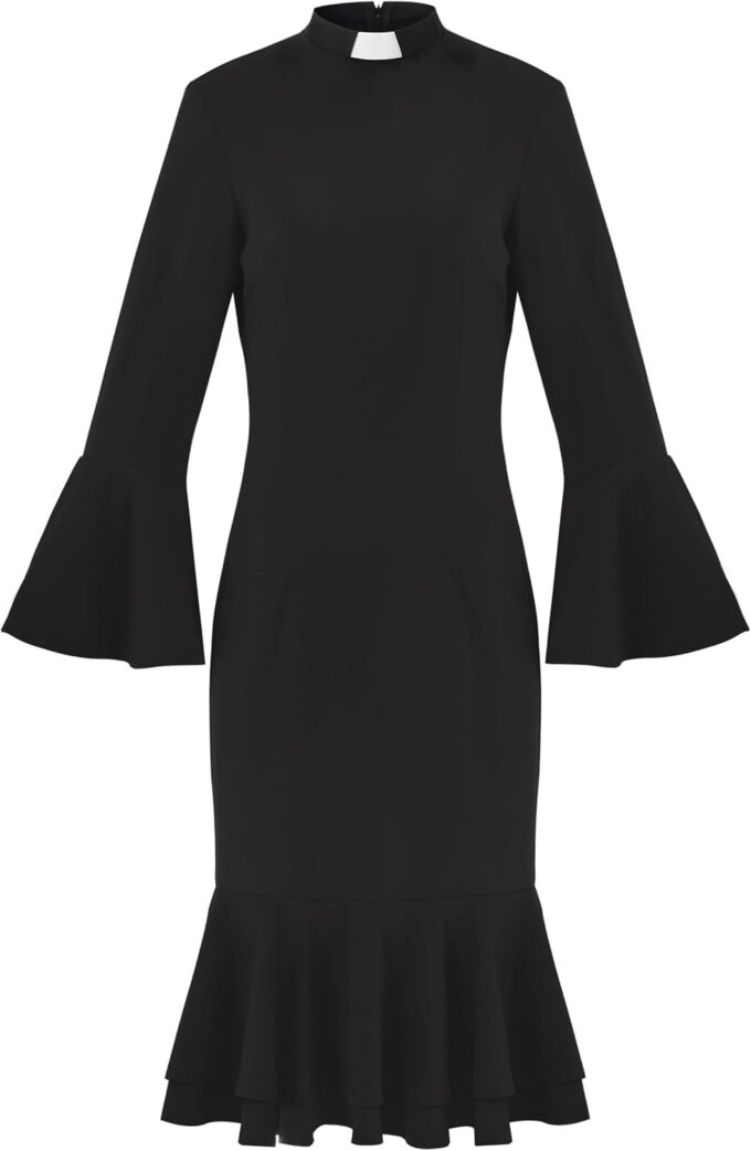 Women's Bell Sleeve Church Dress Clergy Fishtail Tab Insert Collar Priestess Dress