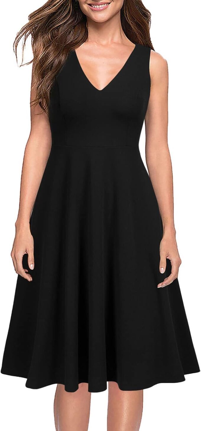 WOOSEA Women's Sleeveless V Neck Vintage Pockets Swing Business Church Dress – Bild 3