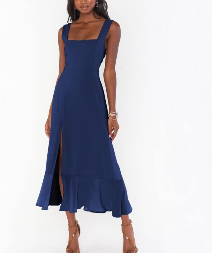 Women's Square Neck Spaghetti Straps Ruffle Split Midi Formal Dress Elegant Wedding Guest Cocktail Party Bridesmaid Dress – Bild 5