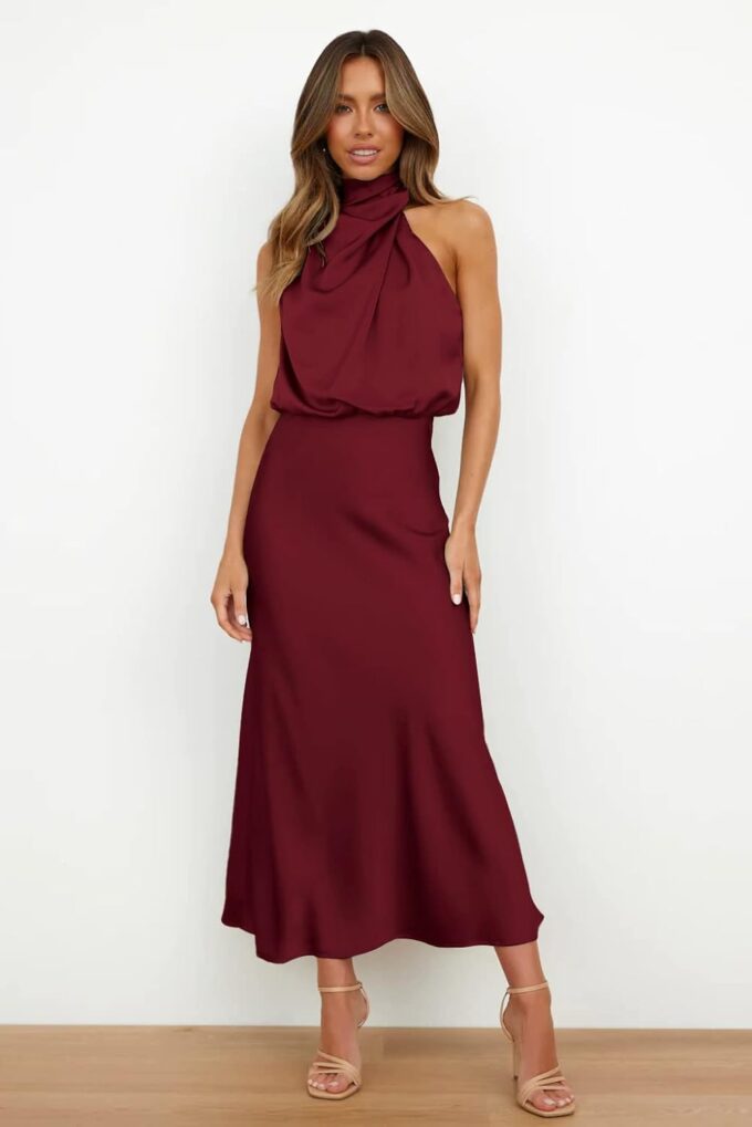 Plustrong Women‘s Summer Satin Dress Sleeveless Mock Neck Formal Cocktail Party Wedding Guest Maxi Dresses – Bild 3