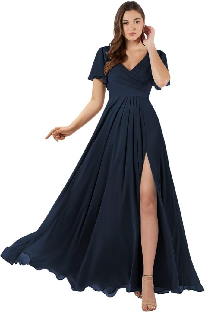 SEIM Women's Flutter Sleeve Bridesmaid Dresses Long with Slit V Neck Chiffon Formal Dresses SE036