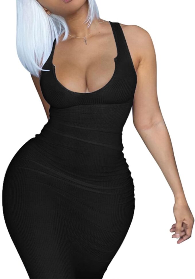 Women Bodycon Maxi Tank Dress, Sexy Deep U Neck Ribbed Solid Color Party Wrap Long Dresses – Bild 2