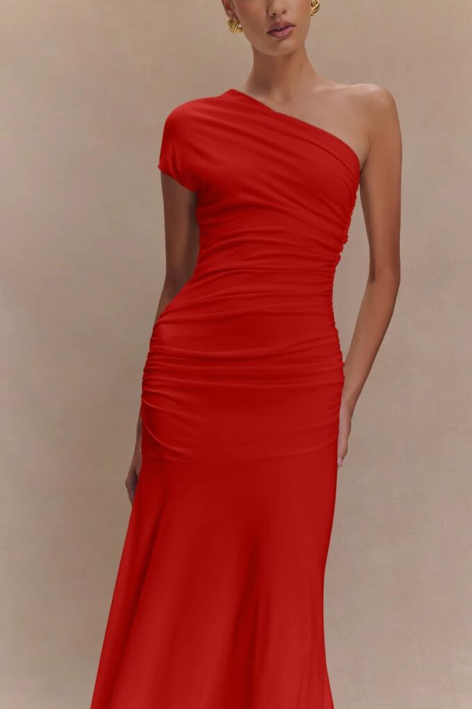 Memoriesea Women's Elegant One Shoulder Sleeveless Ruched Bodycon Cocktail Party Midi Dress – Bild 3