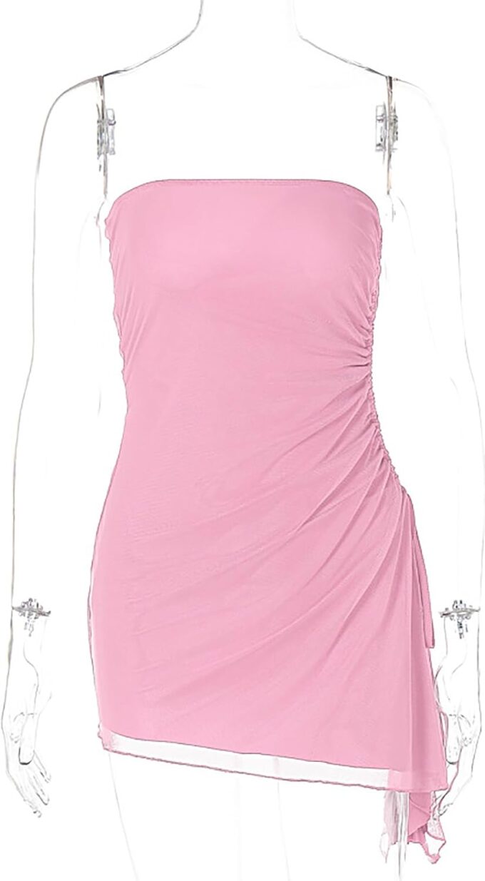 Women's Sexy Ruched Mesh Strapless Y2k Bodycon Dress Backless Tube Side Split Mini Dresses – Bild 5