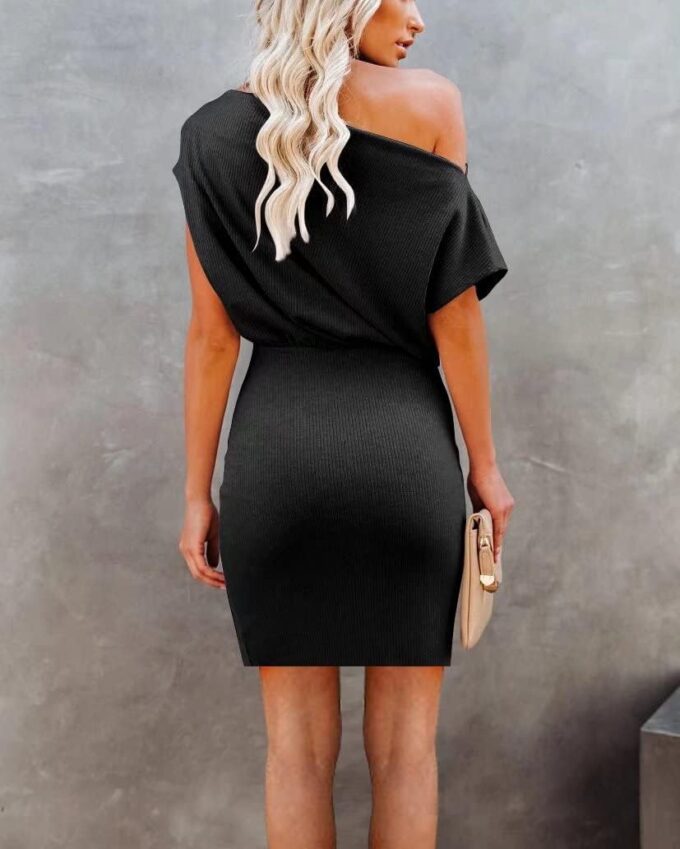 Ezbelle Women's Off The Shoulder Short Sleeve Ribbed Casual Summer HIPS-Wrapped Bodycon Party Mini Batwing Dress – Bild 2