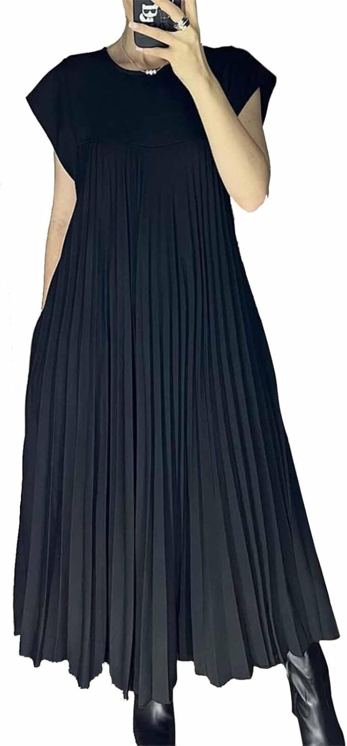 Women's Summer Pleated Maxi Dress 2024 Casual Cap Sleeve Loose Fit Flowy Long Dresses with Pockets