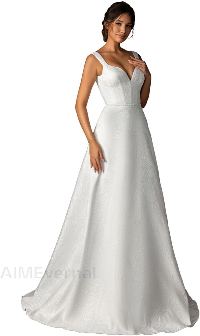 Jacquard Bride Wedding Dress with Pocket,Elegant Royal Style Wedding Gown Back of Adjustable Lightweight Dresses