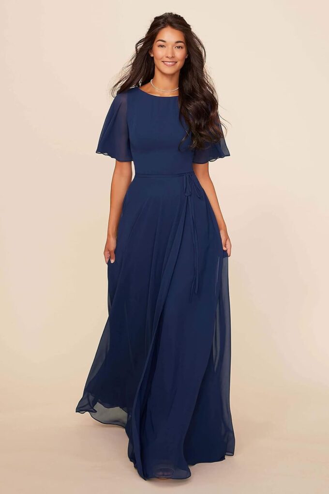 Flutter Sleeve Bridesmaid Dresses with Pockets Sash for Women 2025 Chiffon Wedding Formal Evening Gown – Bild 3