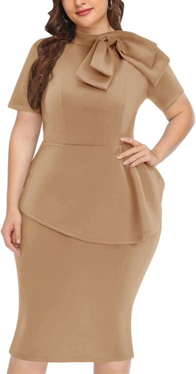 Plus Size Dress for Curvy Women Semi Formal Cocktail Party Midi Dress Bodycon Short Sleeve Bow Ruffle Pencil Dresses