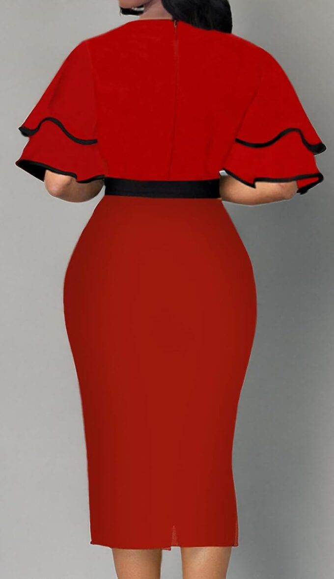 IbuduSexy Church Dresses for Women 2025 Elegant Ruffled Midi Work Dress Bow Tie – Bild 4