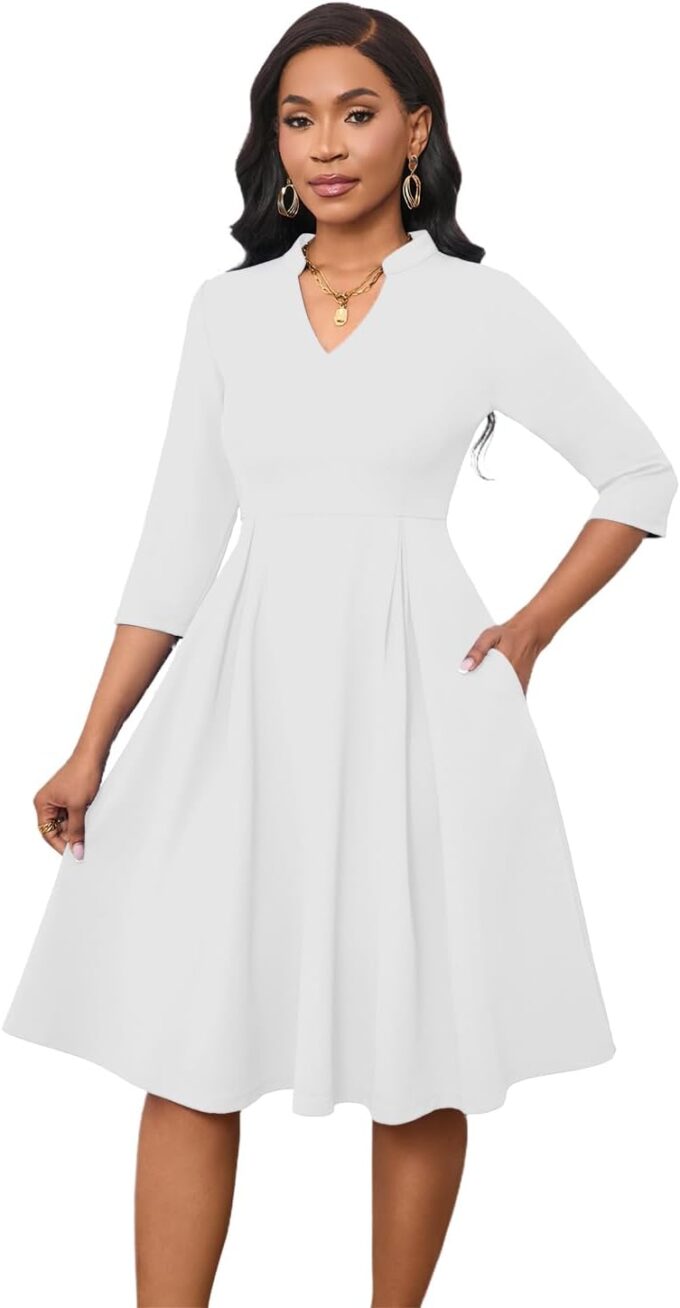 Max2co Midi Dresses for Women Semi Formal Fit and Flare A-Line Swing Dress 3/4 Sleeve Church Cocktail Dress with Pockets – Bild 3