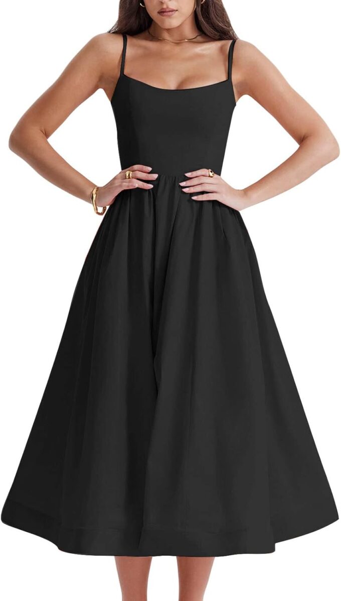 Women's Sexy Low Cut Spaghetti Strap Long Dress Casual Sleeveless Backless Slimd Midi Dress Square Neck Bustier Dress – Bild 3