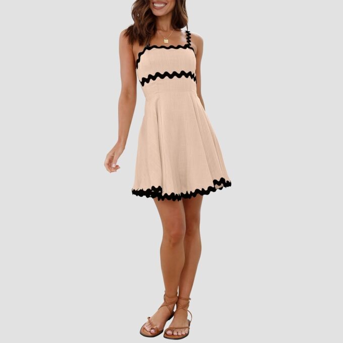Senllen Womens Summer Flowy Mini Dress 2025 Casual Spaghetti Straps Sleeveless Smocked Backless Swing Wave Trim Sundress – Bild 4