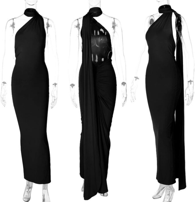Suillty Women's Sexy Oblique Shoulder Backless Maxi Dress Ruched Back Strap Sleeveless Party Club Long Dresses Bodycon – Bild 5