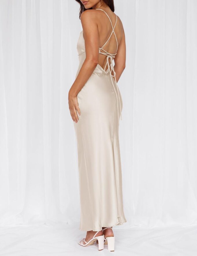 Summer Sexy Satin Spaghetti Strap Maxi Dress for Women Backless Sleeveless Slit Tie Back Cocktail Dresses Wedding Guest – Bild 4