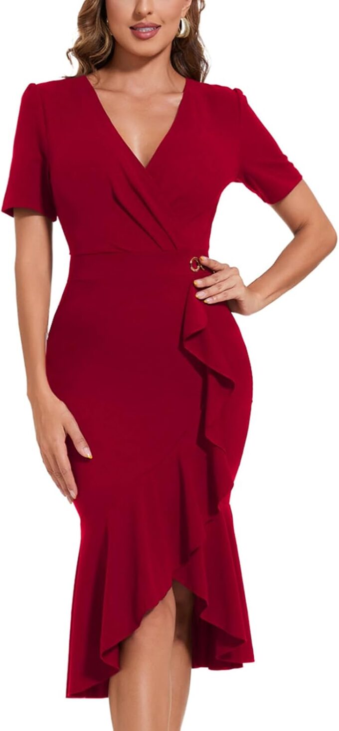 HugeNice Women's Casual Work Pencil Dress Bodycon Formal Cocktail Party Midi Dresses