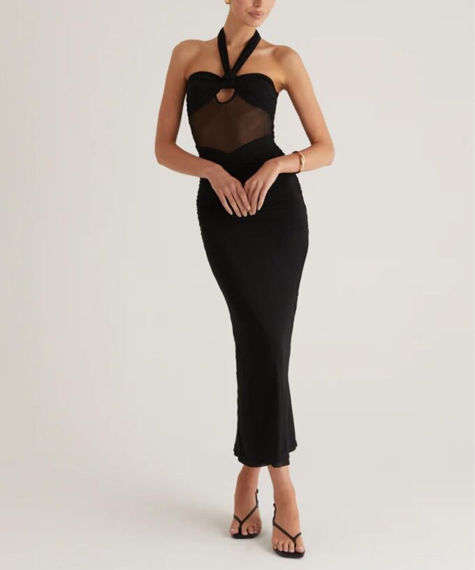 Women's Sexy Halter Backless Maxi Dress Mesh Patchwork Hollow Out Sleeveless Bodycon Ruched Cocktail Formal Long Dresses – Bild 4
