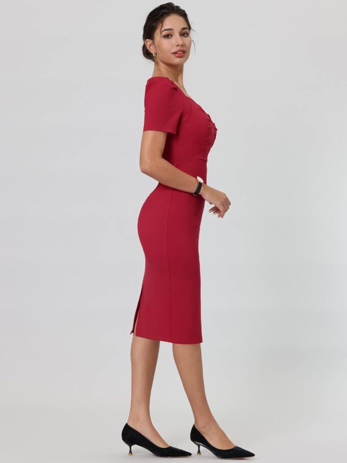Hobemty Damen Etuikleid Herzausschnitt Puff Kurzarm Vintage Bleistift Kleid – Bild 3