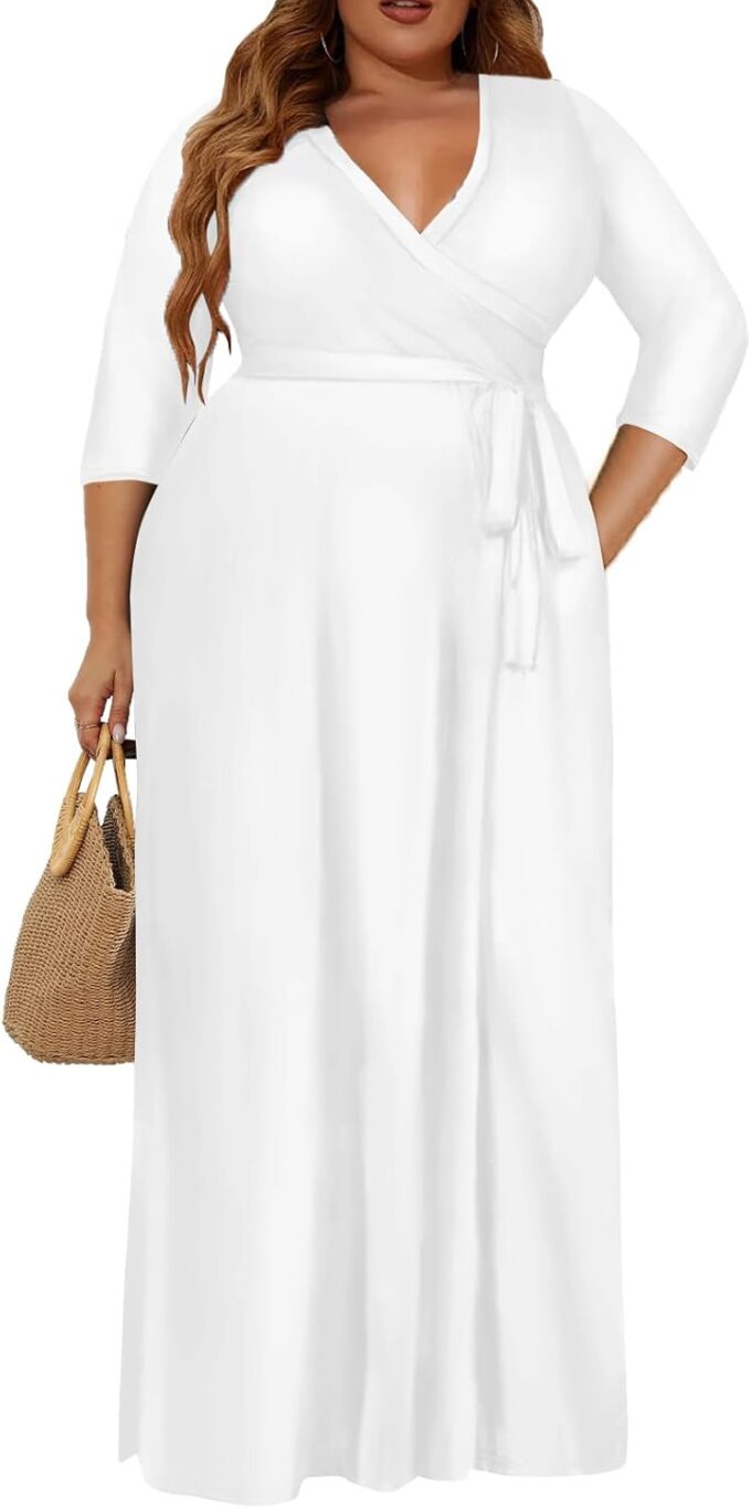 Plus Size Dress for Women - 3/4 Sleeve V-Neck Maxi Dress for Women with Belt and Pockets （2XL-6XL