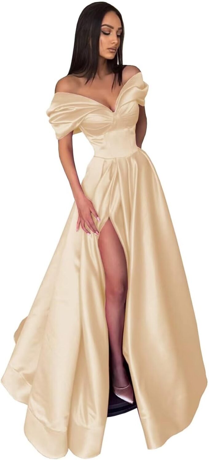 Women's Off The Shoulder Satin Prom Dress with Pockets Long Backless A-Line Formal Evening Gowns with Slit – Bild 4