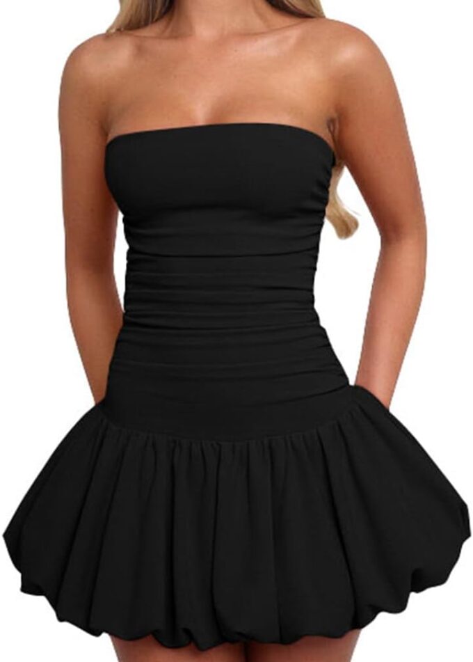 BEAGIMEG Women's Sexy Bodycon Ruched Strapless Tube Top Bubble Dress Club Party Mini Dress