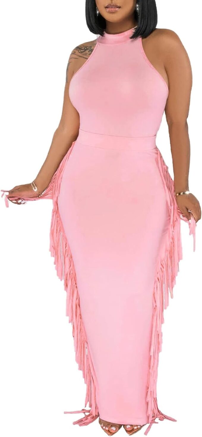2 Piece Outfits for Women Sexy Halter Neck Sleeveless Crop Tops Ruched Bodycon Dresses Jumpsuits Fringe Skirt Sets