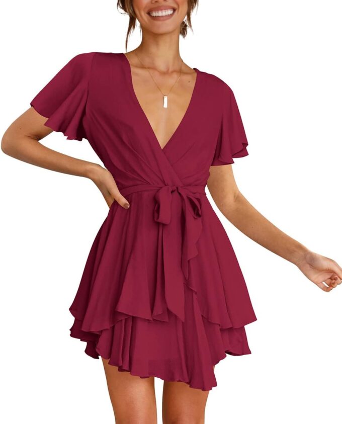 Cosonsen Women's Dress Deep V-Neck Long Sleeve Waist Tie Ruffle Mini Swing Skater Dresses – Bild 5
