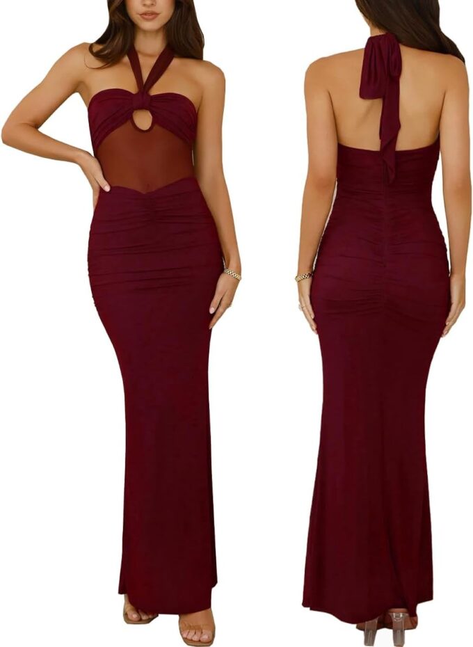 Women's Sexy Halter Backless Maxi Dress Mesh Patchwork Hollow Out Sleeveless Bodycon Ruched Cocktail Formal Long Dresses