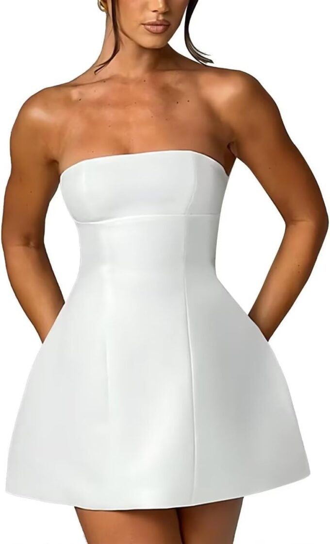 A Line Strapless Short Homecoming Dresses for Teens Sleeveless Satin Cocktail Dresses for Women with Pockets