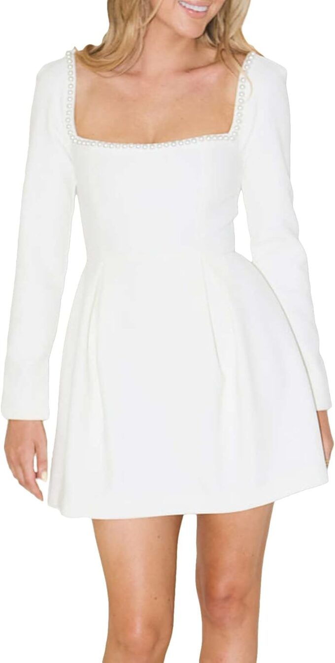 Women's Long Sleeve Mini Dress Pearl Square Neck Ruffle Hem Short Dress Bride Party Club Elegant Dresses