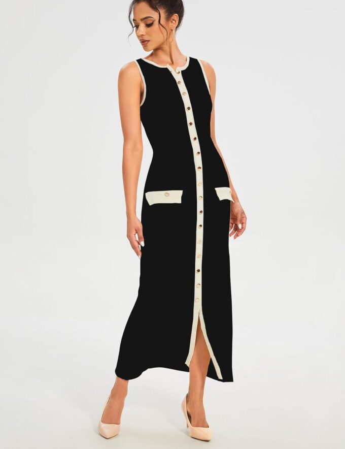 Womens Knit Maxi Dress Sleeveless Bodycon Ribbed Long Tank Dresses Elegant Button Down Workwear Dress – Bild 7