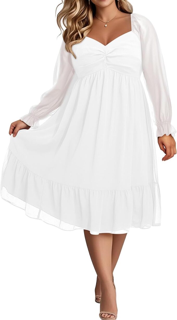 Plus Size Dresses Sweetheart Neckline Long Sleeves Chiffon Party Cocktail A Line Curvy Womens Midi Dress – Bild 3