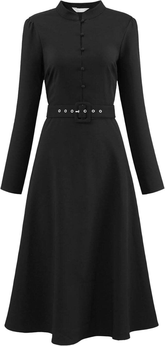 Hobemty Damen Vintage A-Linie Kleid Stehkragen Langarm Gürtel Arbeit Flare Kleider
