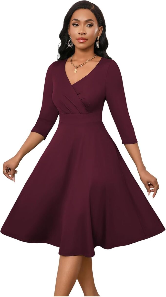 Womens Summer Dress 3/4 Sleeves V Neck 1950s Retro Vintage Wedding Cocktail Party Swing Flowy Wrap Midi Dresses Burgundy L