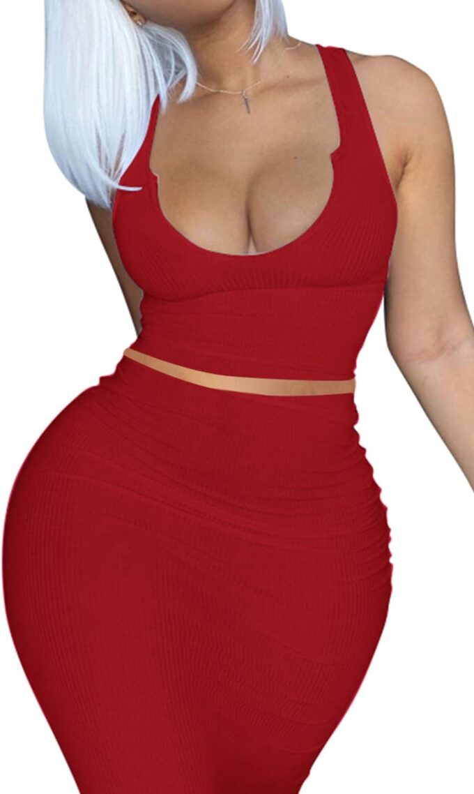 2 Piece Outfit Maxi Dress for Women, Summer Deep U Neck Sleeveless Tank Crop Tops Long Skirt Set Party Bodycon Dresses – Bild 2