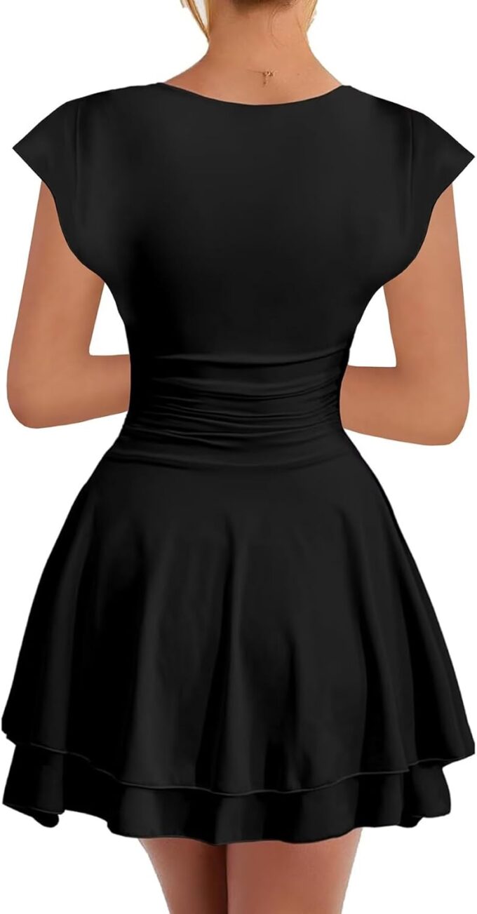 Neyaolk Women's Cap Sleeve Square Neck Ruffle Hem Mini Dress Ruched Waist Short Cocktail Party Dresses – Bild 2