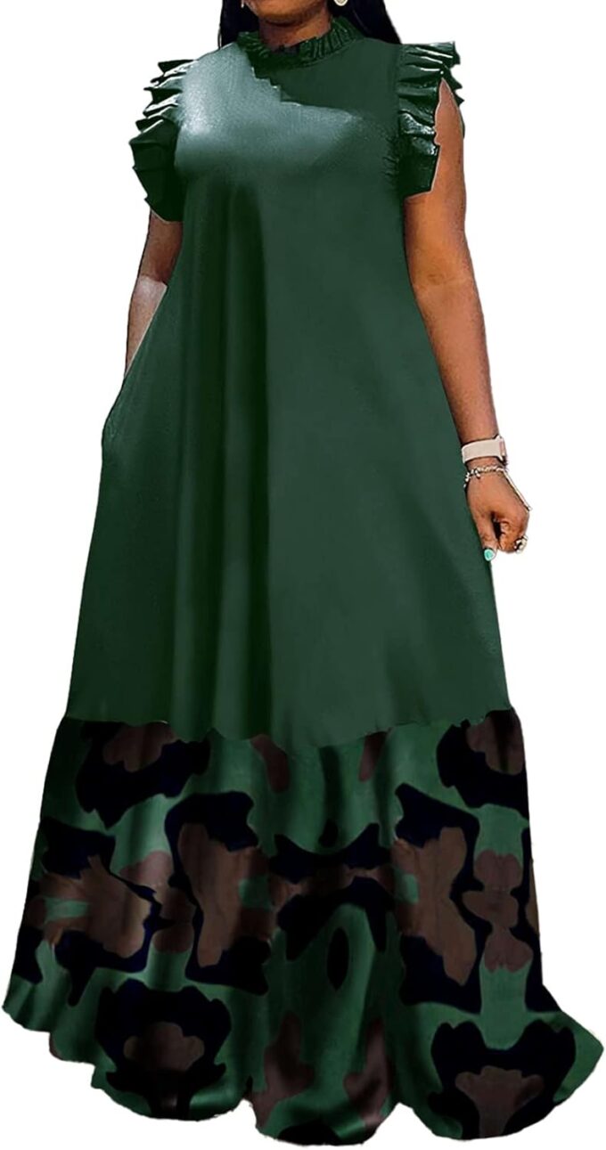 Famnbro Plus Size Maxi Dress for Women Summer Ruffles Sleeveless Patchwork Printed African Dresses